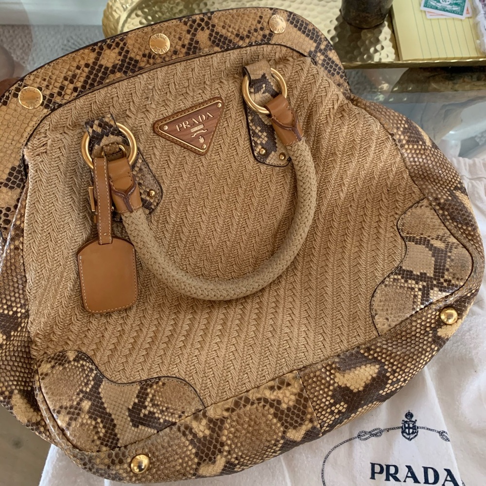 Prada raffia snakeskin satchel tote